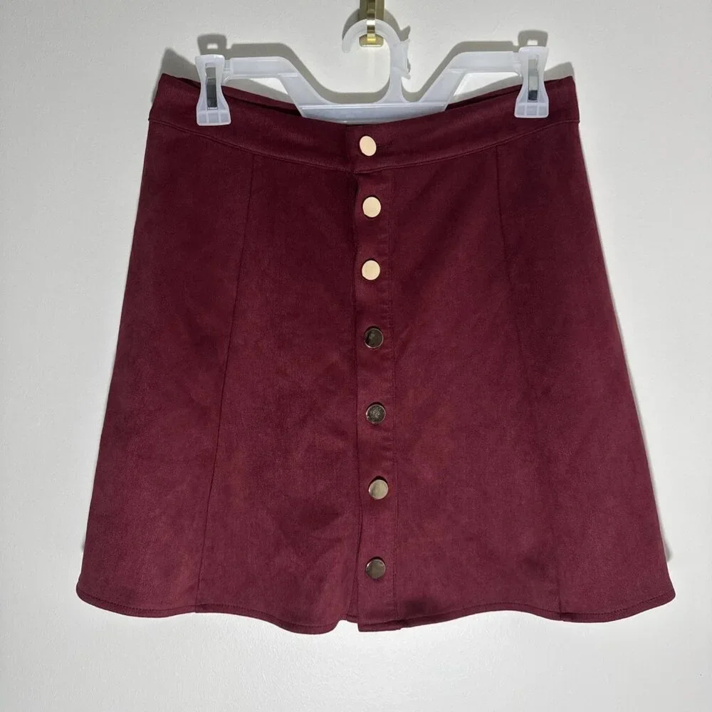 Fuinloth Velvet Faux Suede Maroon Skirt Wine A-Line High Waist Short Medium